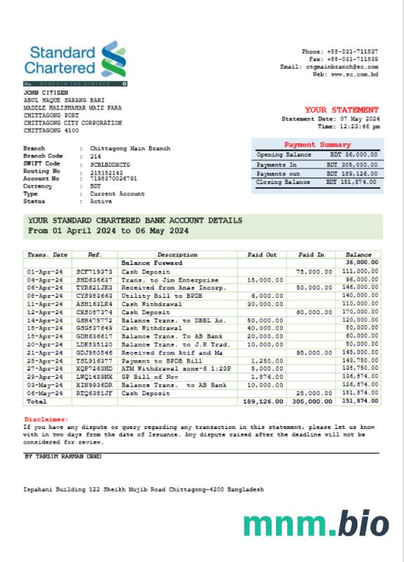 India Standard Chartered Bank statement szablon Worda i PDF scr